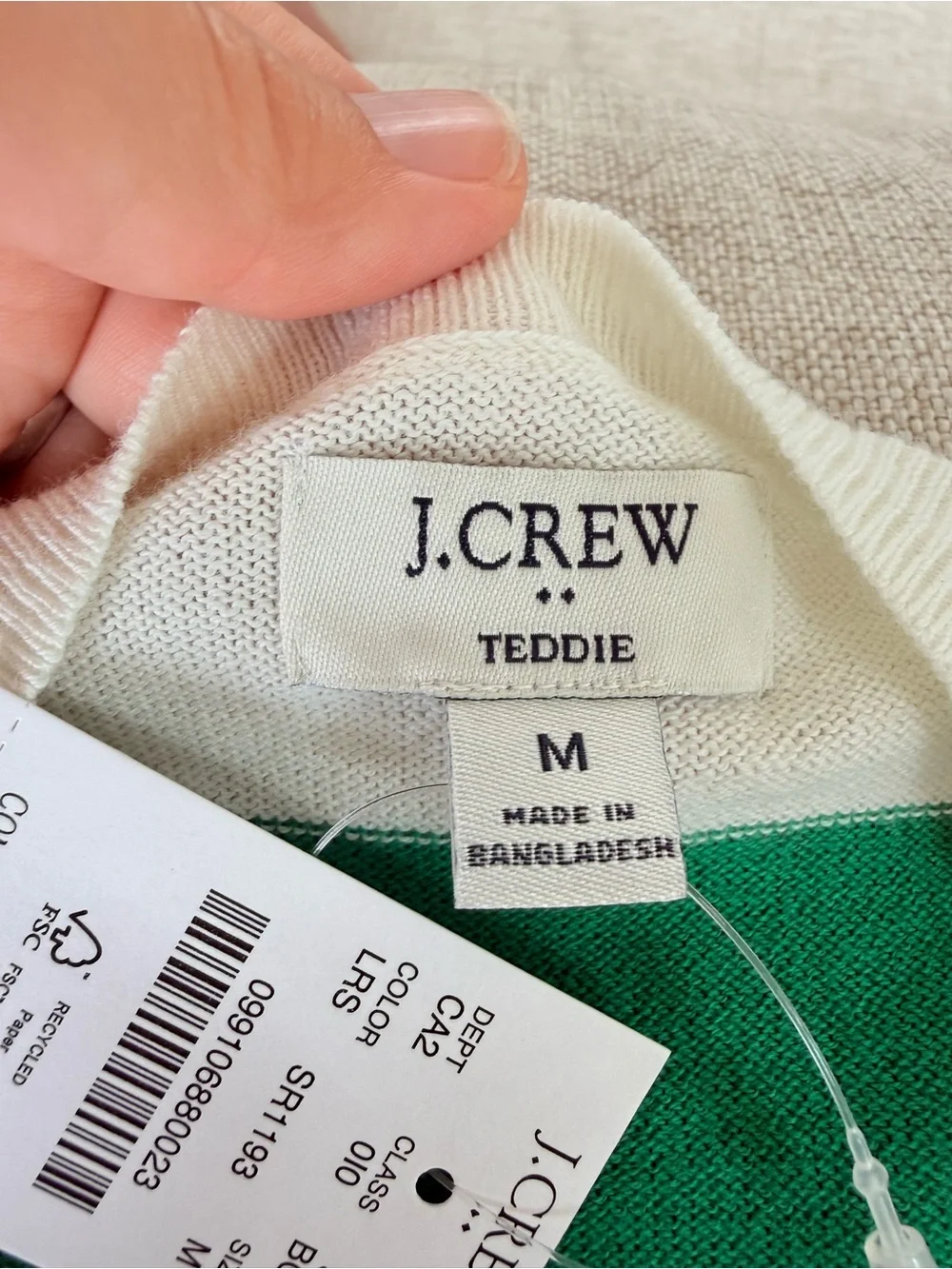 J. Crew Green and White Striped Scoop-Neck Sweater